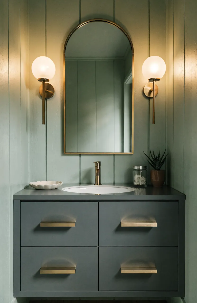 A charcoal vanity with brass hardware flanked by two glowing globe wall sconces.