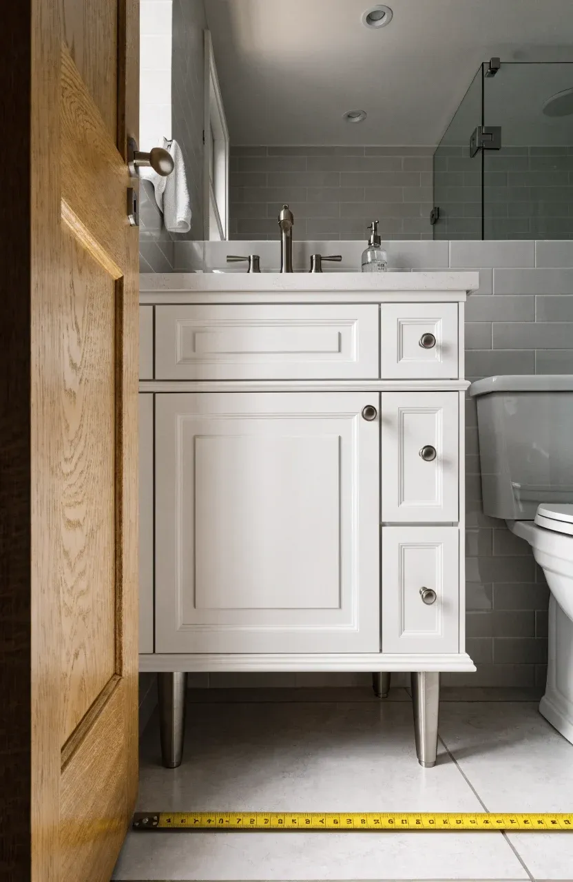 A 30-inch white vanity in a small bathroom with a measuring tape on the floor showing clearances.