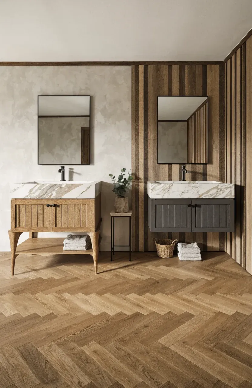 Comparison of a freestanding vanity with legs and a wall-mounted floating vanity in a bathroom.