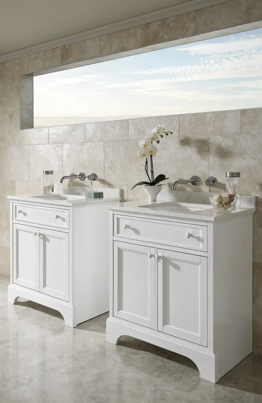Two bathroom vanities side-by-side showing the height difference between standard and comfort height.