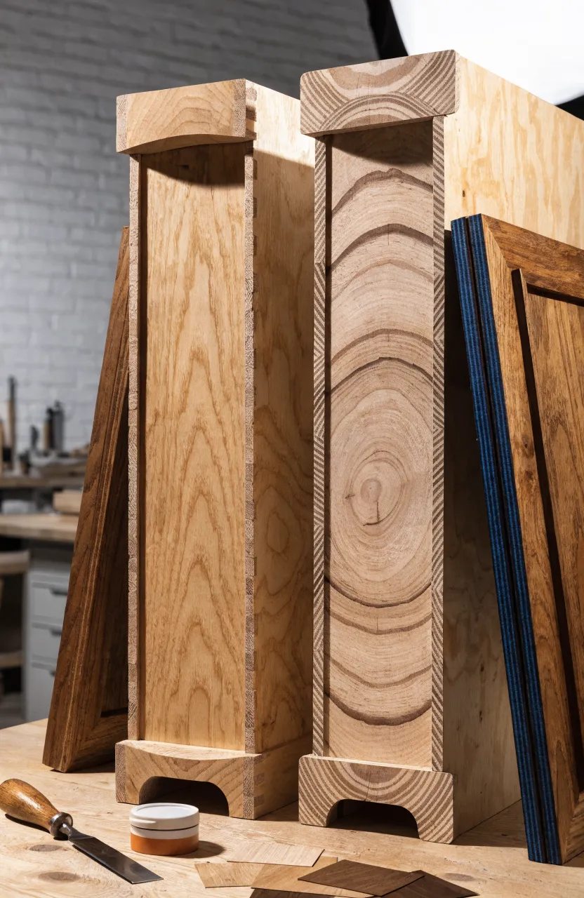 Close-up of solid wood joints and plywood layers used in bathroom vanity construction.