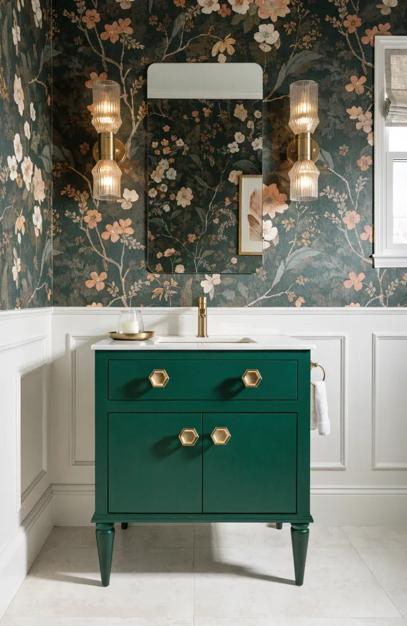 A smooth forest green painted MDF vanity in a dry powder room with floral wallpaper.