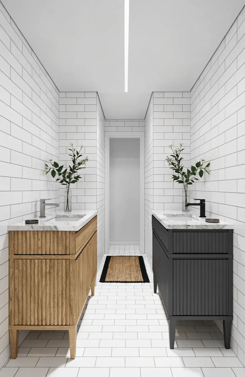 A comparison of a 21-inch deep vanity and an 18-inch shallow depth vanity in a narrow bathroom.