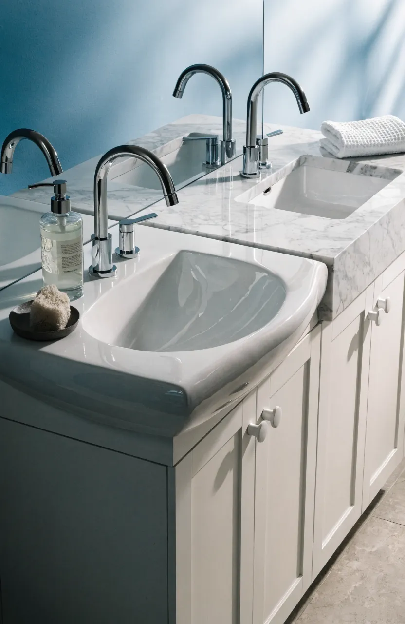 A comparison of a seamless integrated ceramic sink and a separate marble countertop with a sink.