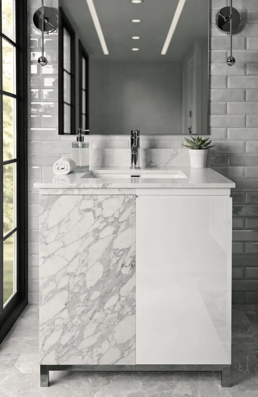 A 30-inch bathroom vanity showing the visual difference between marble and quartz countertops.