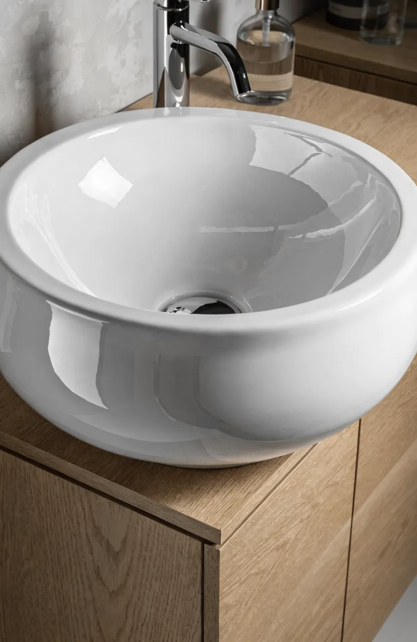 A close-up of a dense white porcelain sink bowl installed in a 30-inch wood vanity.