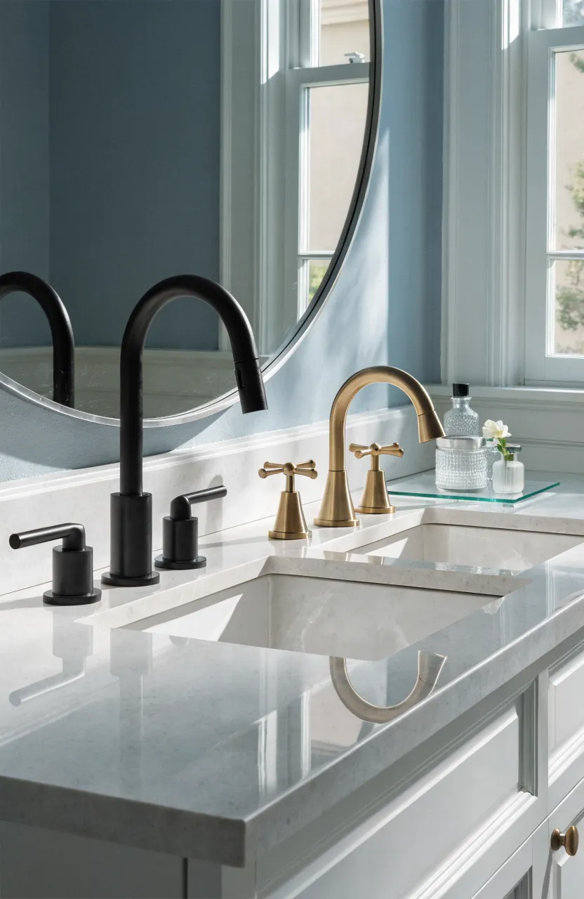 A 30-inch vanity top showing the difference between single-hole and widespread faucet holes.