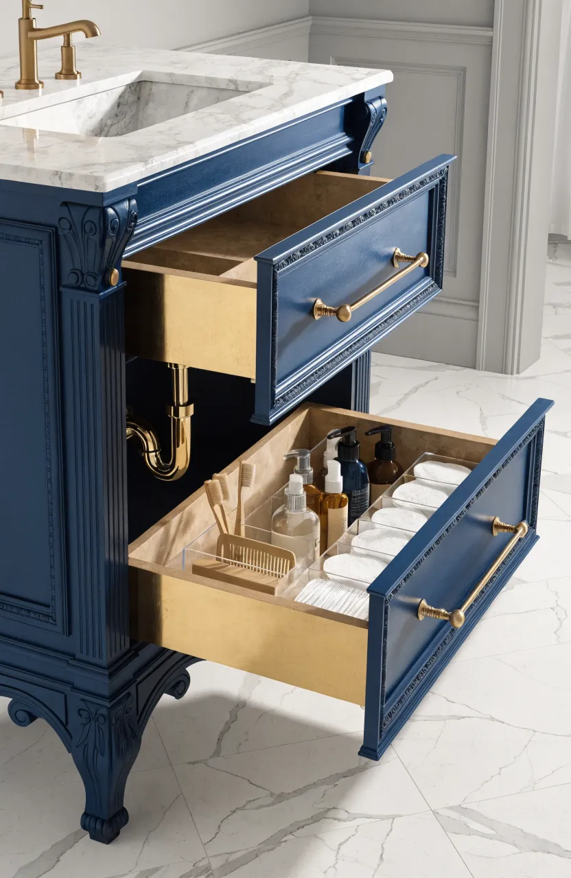 An open drawer in a 30-inch vanity showing the U-shaped design for plumbing clearance.