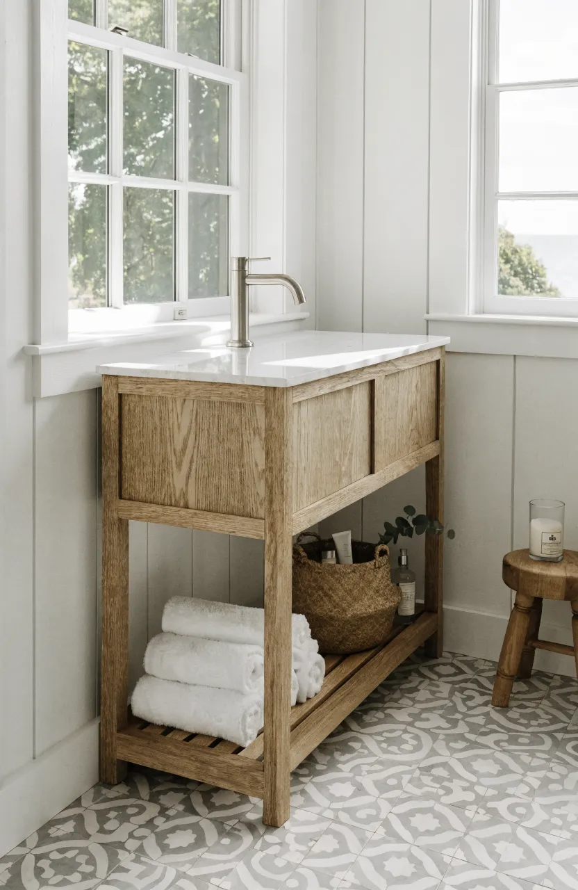 A 30-inch light wood vanity with an open slatted shelf holding rolled white towels.