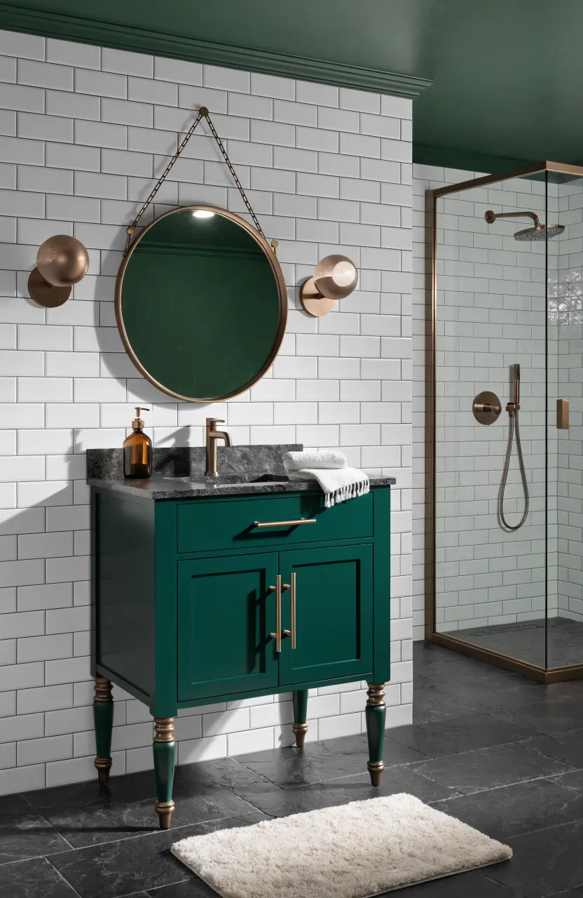 A green 30-inch vanity with champagne bronze hardware that matches the shower fixtures.
