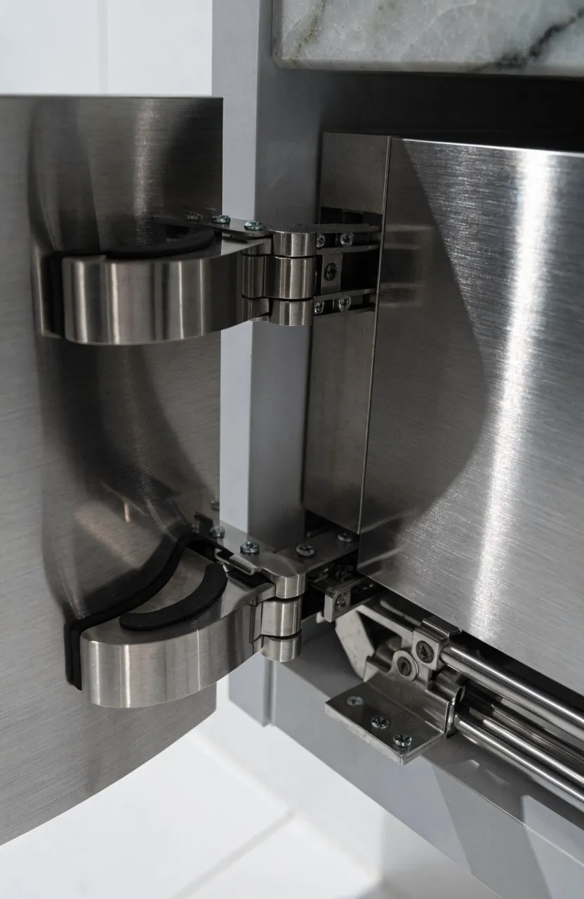 A close-up of a soft-close hinge and drawer slide inside a 30-inch bathroom vanity.