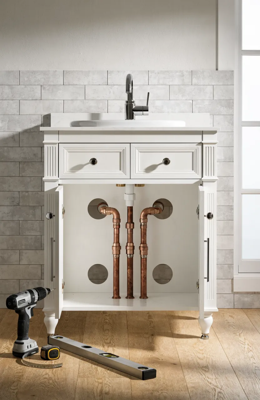 A 30-inch white vanity with back panel cutouts aligned with wall plumbing in a modern bathroom.