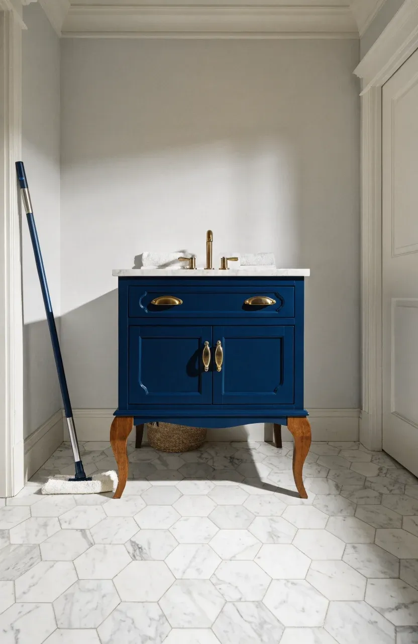 A navy blue 30-inch vanity with furniture legs on a white marble hexagonal tile floor.