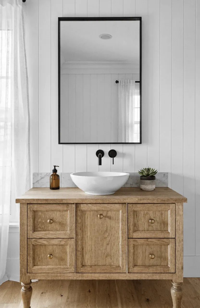 A 26-inch black framed mirror centered above a 30-inch oak vanity on a shiplap wall.