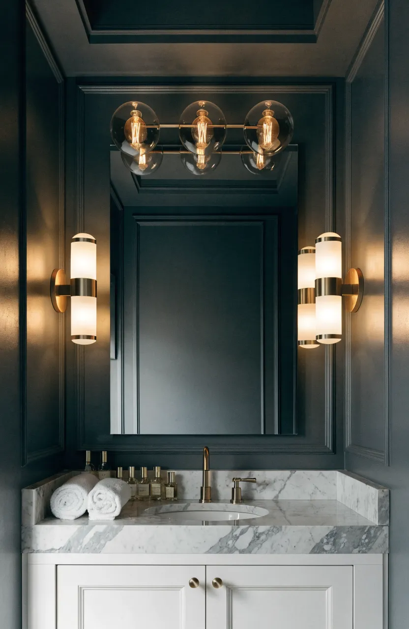 A 30-inch vanity with a 3-bulb gold light fixture and matching side sconces against a gray wall.