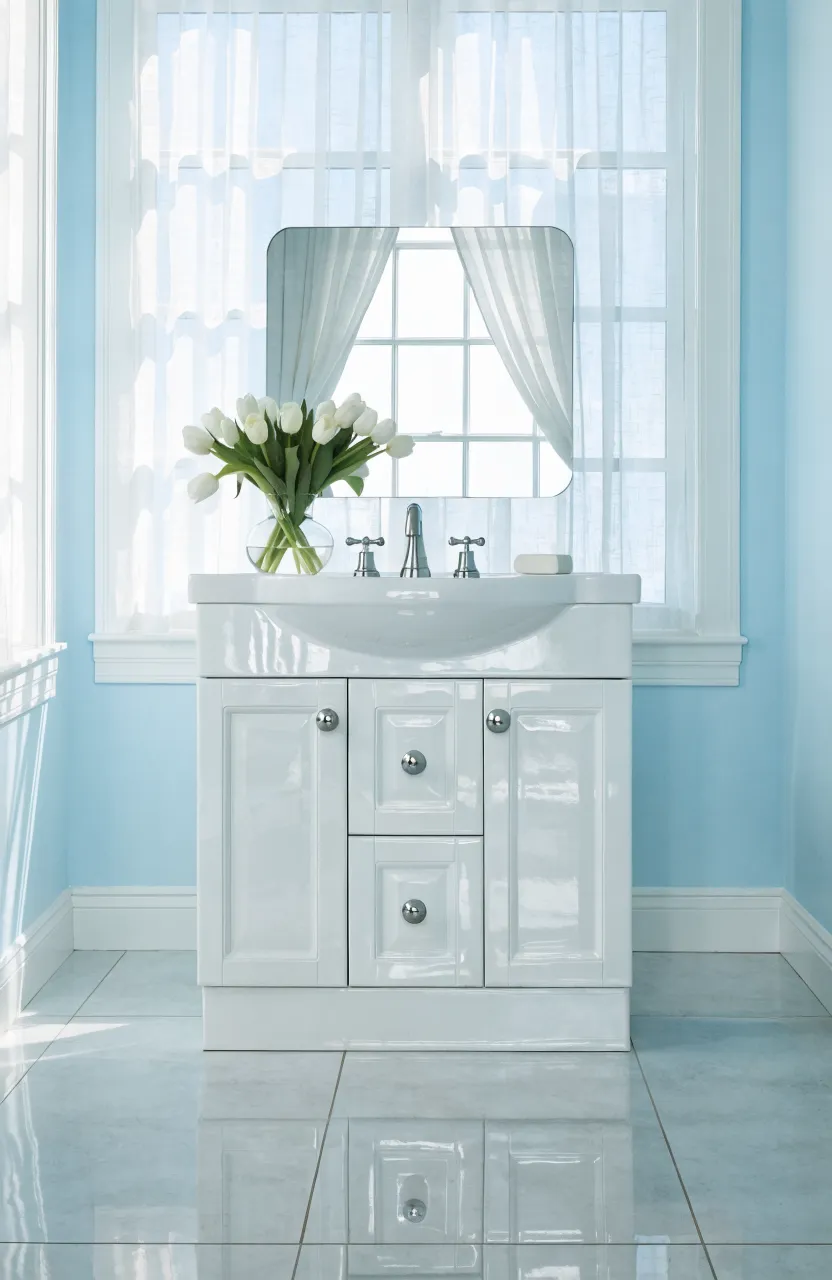 A bright small bathroom with a white 30-inch vanity, pale blue walls, and natural light.