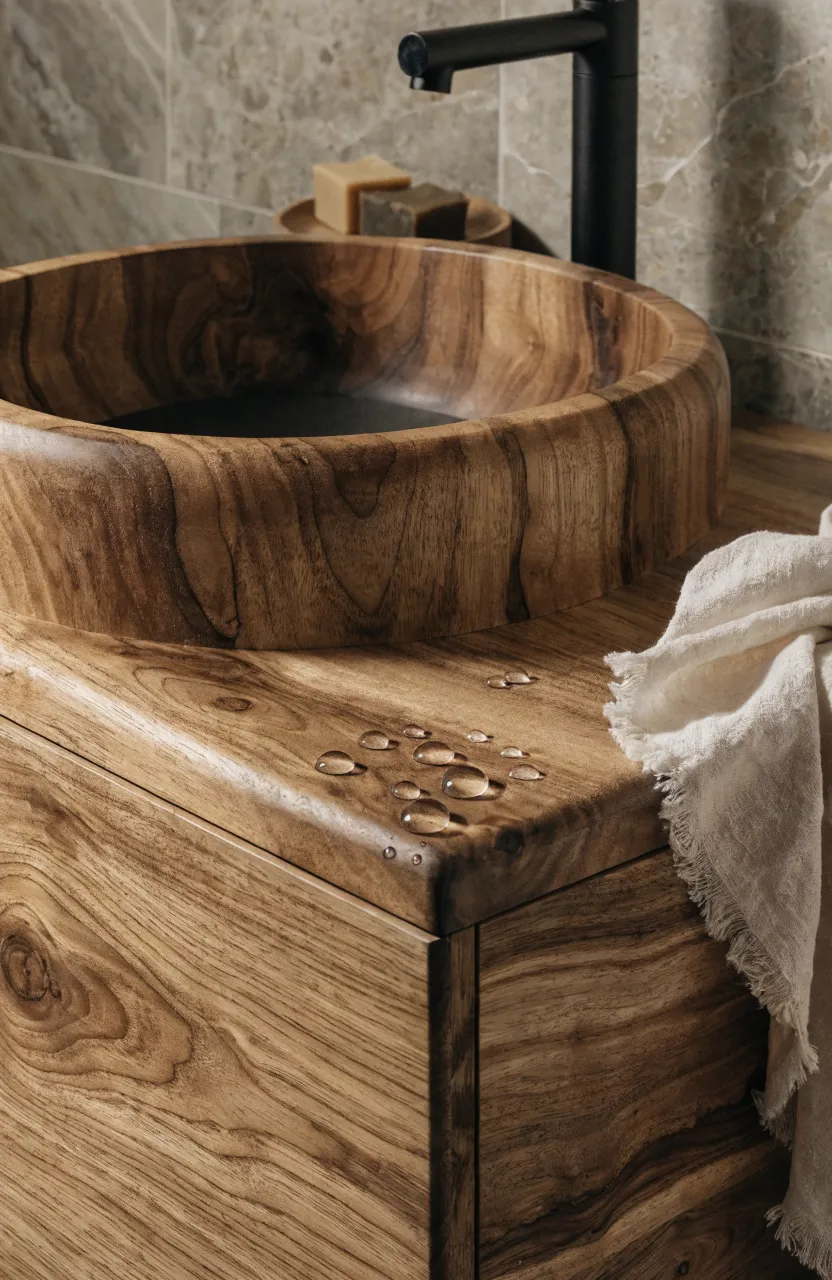 A close-up of a 30-inch walnut vanity showing rich wood grain and water beading on the surface.