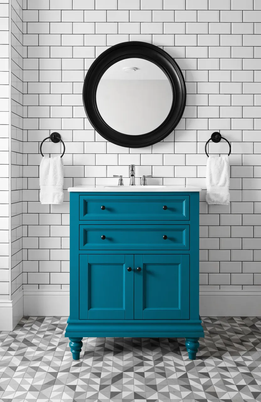A teal 30-inch vanity centered on a tiled wall with symmetrical towel rings on both sides.