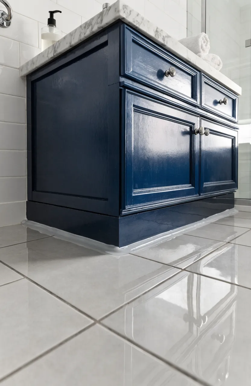 A navy blue 30-inch vanity with a marble top featuring a clean silicone seal at the floor base.