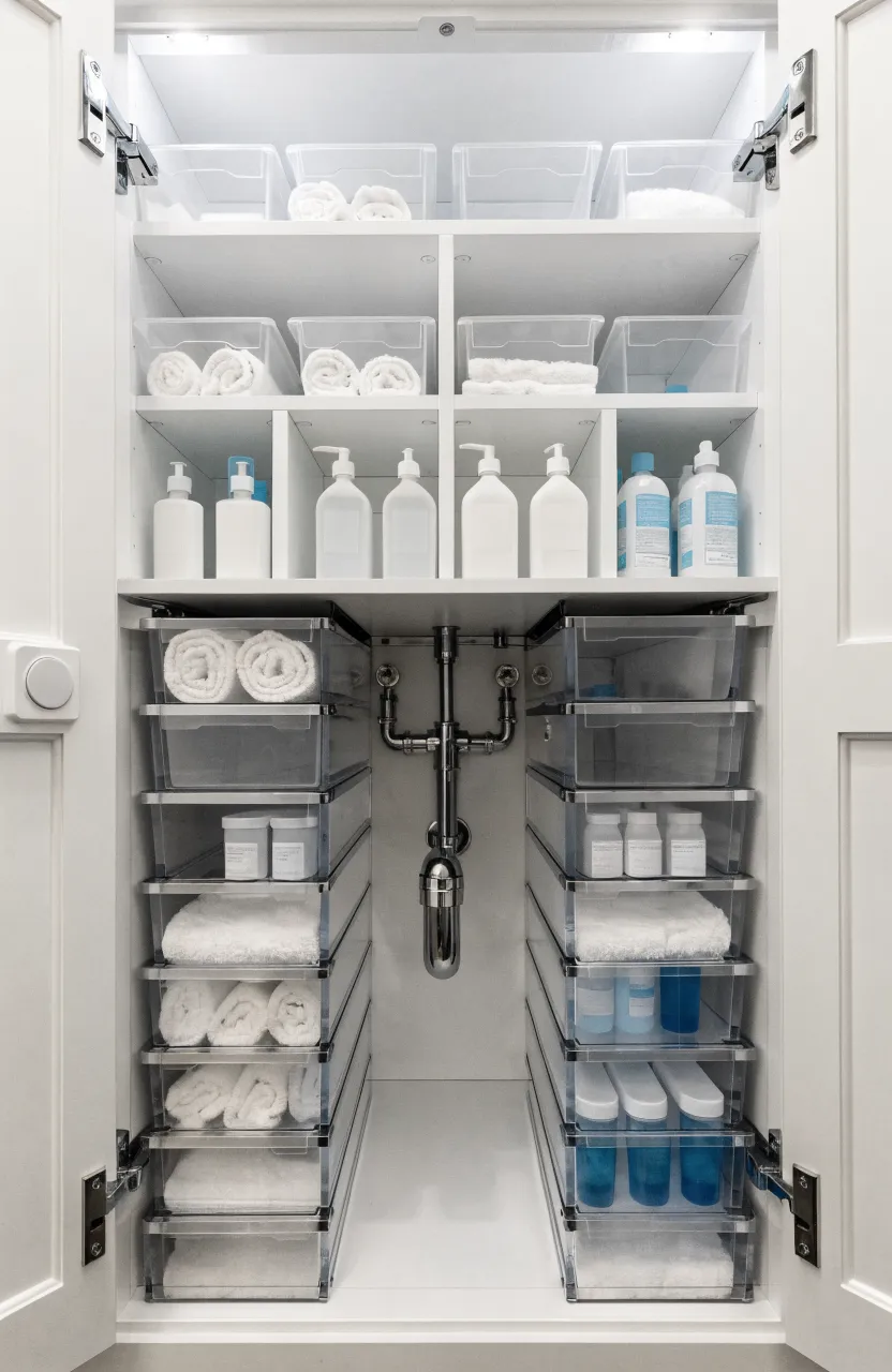 Inside a 30-inch vanity cabinet with clear tiered organizers arranged around chrome plumbing pipes.