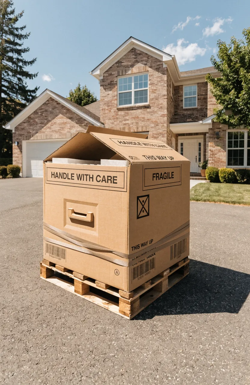 A large, heavy-duty shipping crate containing a 30-inch vanity sitting on a residential driveway.