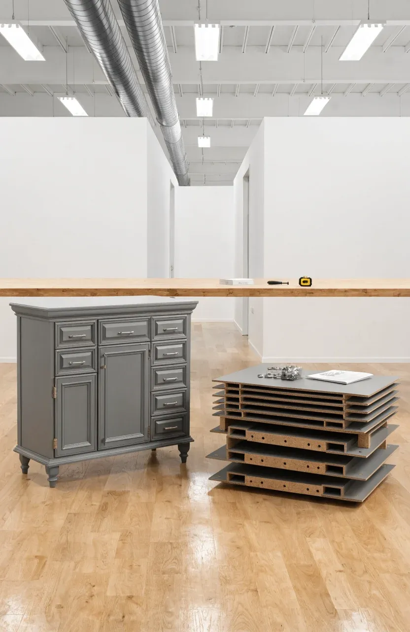 A fully assembled gray 30-inch vanity next to a stack of flat-pack panels and hardware.