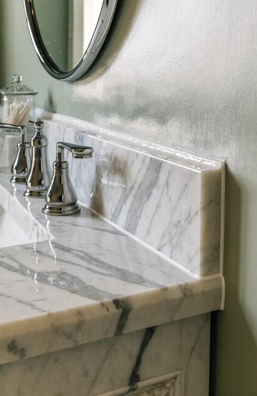A white silicone bead sealing the gap between a marble backsplash and a sage green wall.