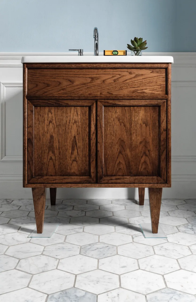 A walnut 30-inch vanity being leveled with shims on a hexagonal tile floor, with a spirit level on top.