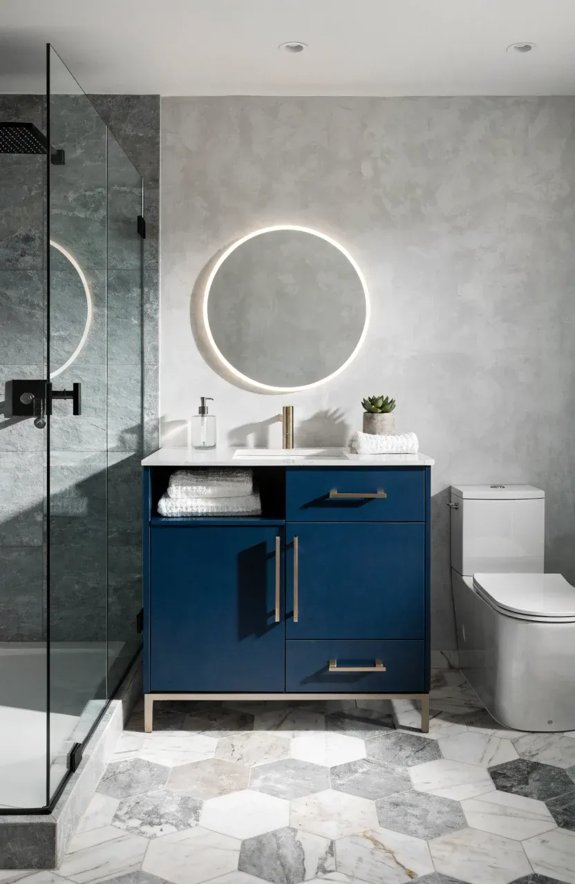 A modern 30-inch navy vanity styled with a matching square-edged toilet and glass shower.