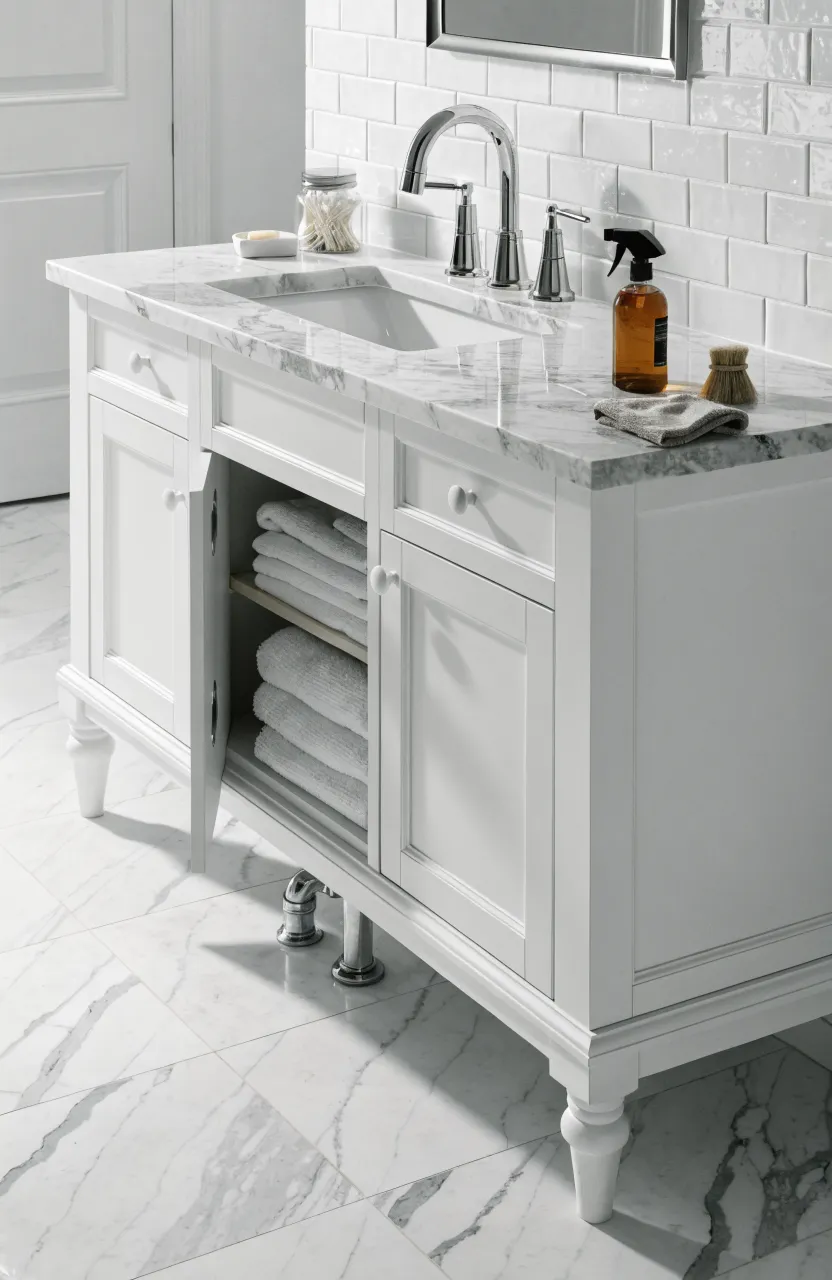 A clean white 30-inch vanity with a marble top, microfiber cloth, and spray bottle.