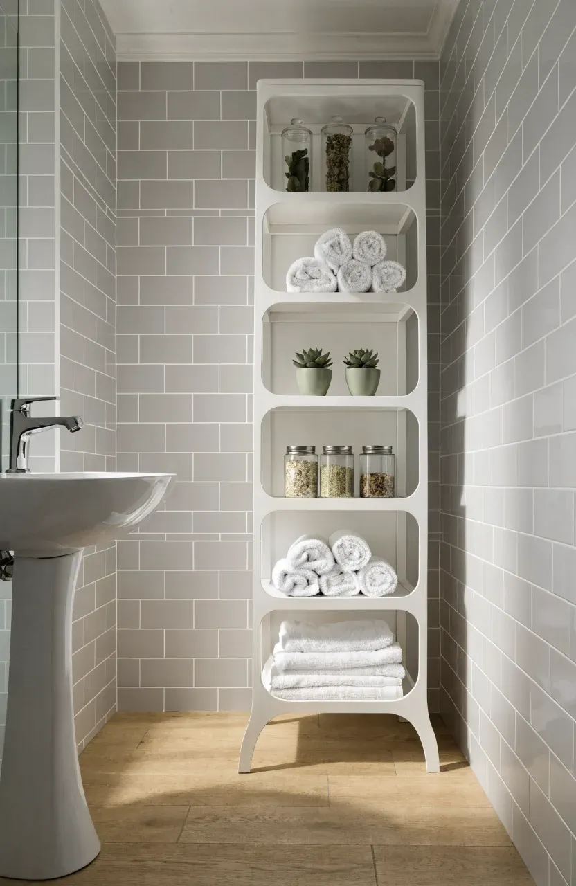 A slim white storage tower in a small bathroom corner, creating an open and airy floor layout.