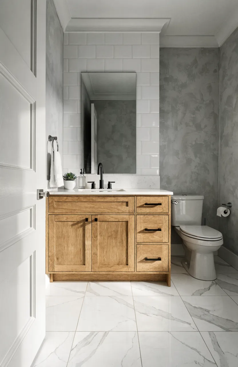 A modern bathroom showing a right-side sink vanity with ample standing room near the toilet.