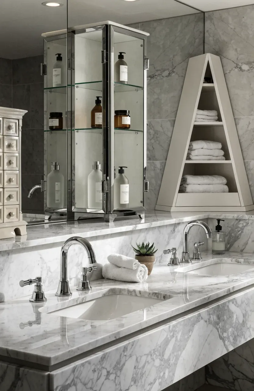 A luxury bathroom vanity displaying a corner unit, a glass cabinet, and an apothecary chest.
