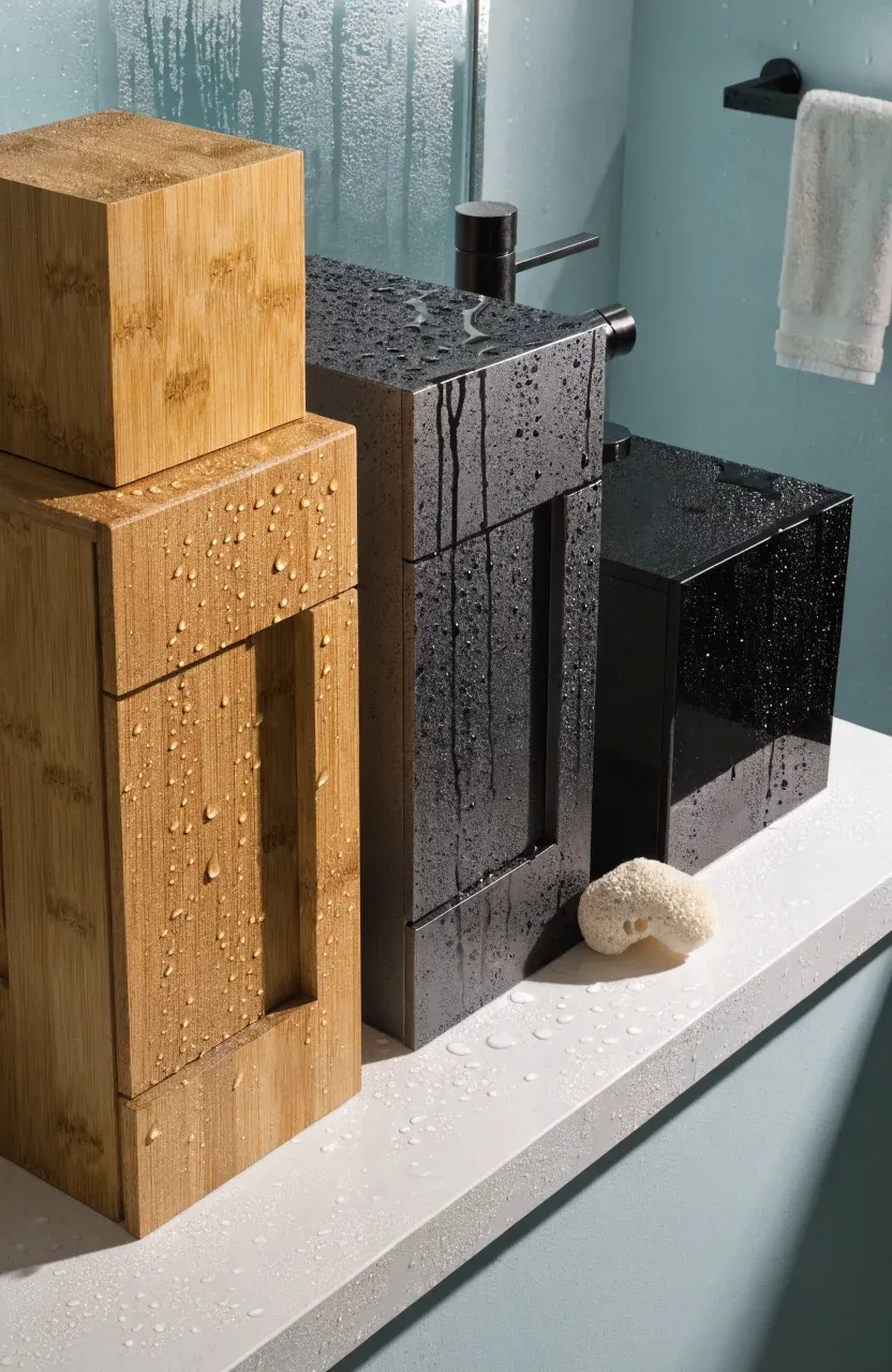 Bamboo, stainless steel, and PVC bathroom cabinets displayed on a white quartz countertop.