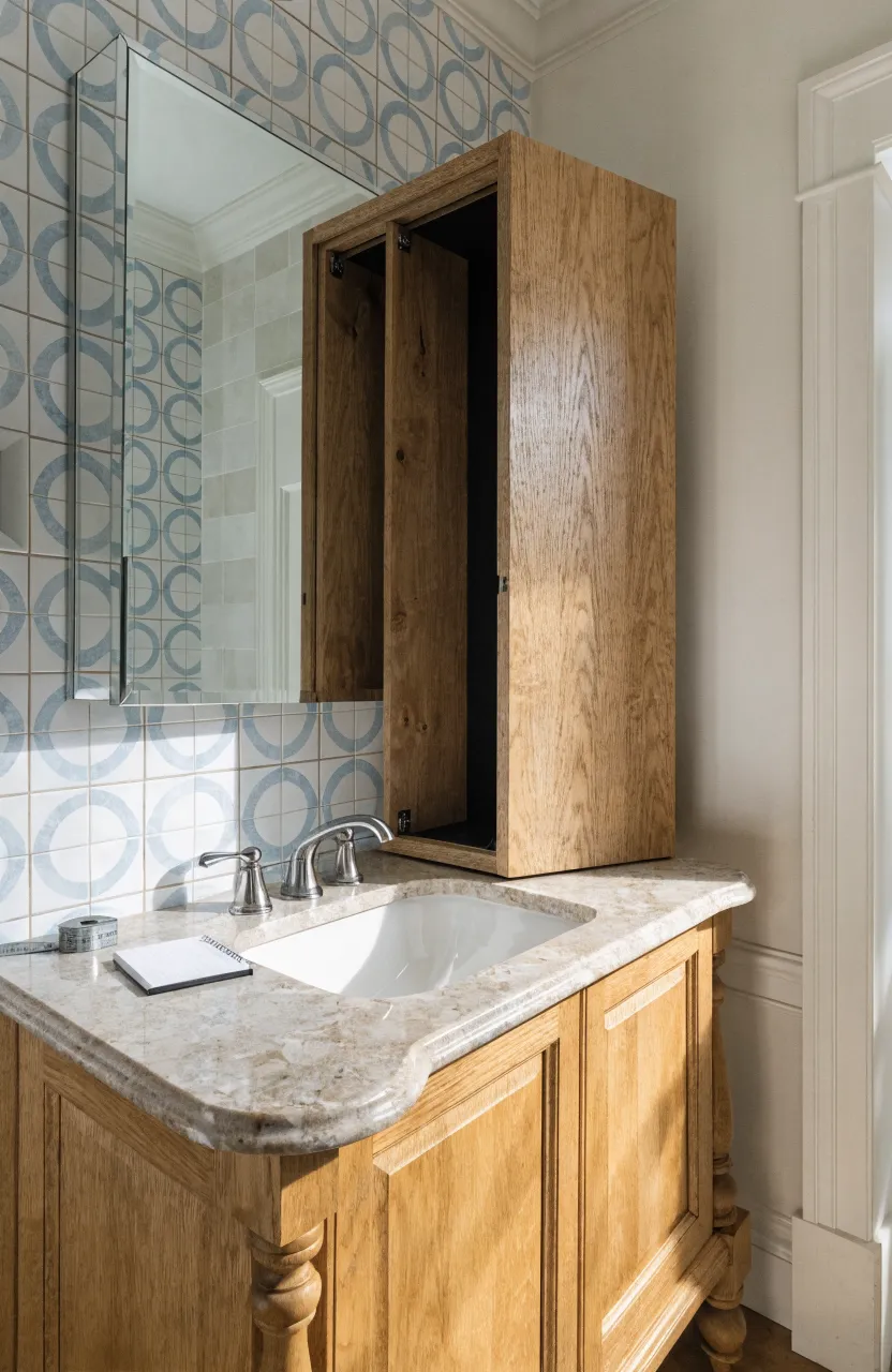 An oak cabinet placed on a bathroom counter showing clearance between the sink and mirror.