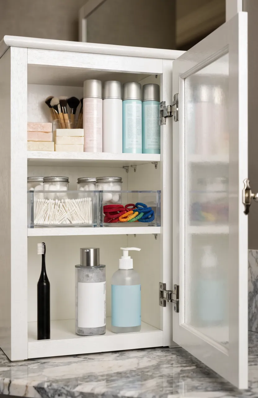 An open white cabinet on a marble counter filled with organized skincare and toiletries.
