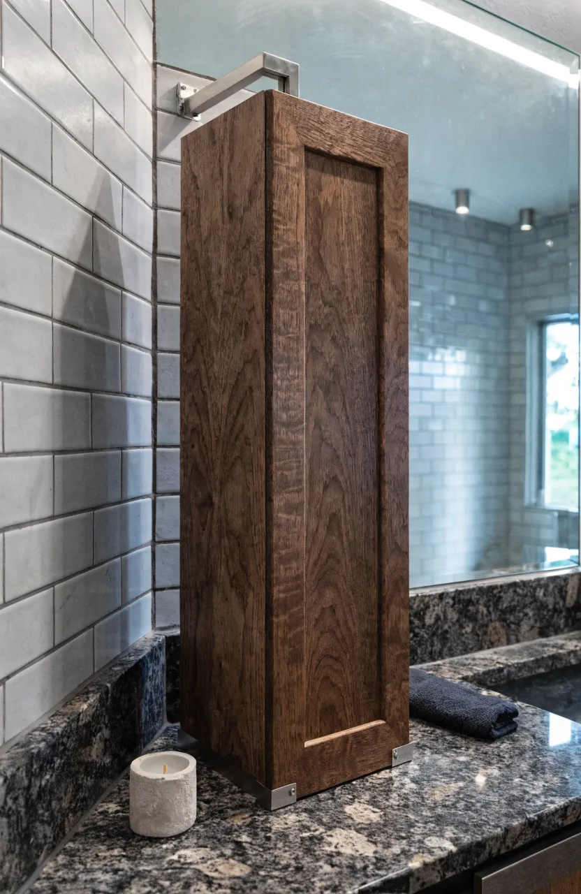 A tall walnut cabinet secured to a bathroom wall with a bracket above a granite counter.