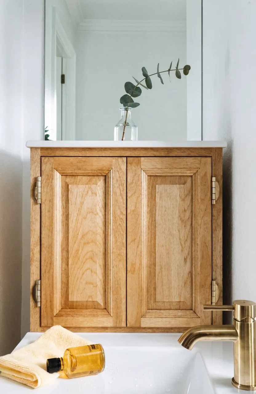 A clean maple bathroom cabinet on a white counter with a microfiber cloth nearby.
