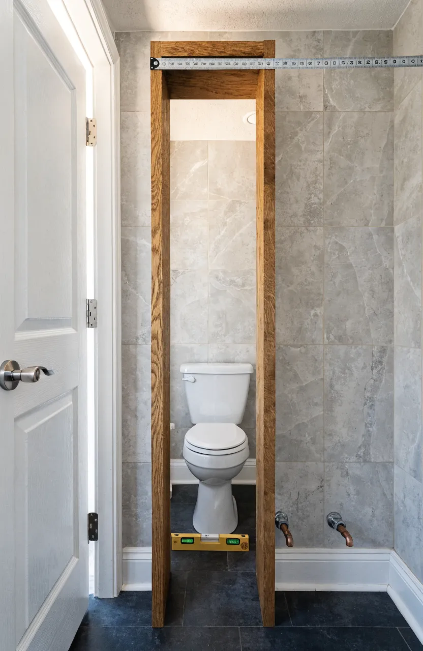 A narrow oak vanity frame being measured with a steel tape in a small gray tiled bathroom.