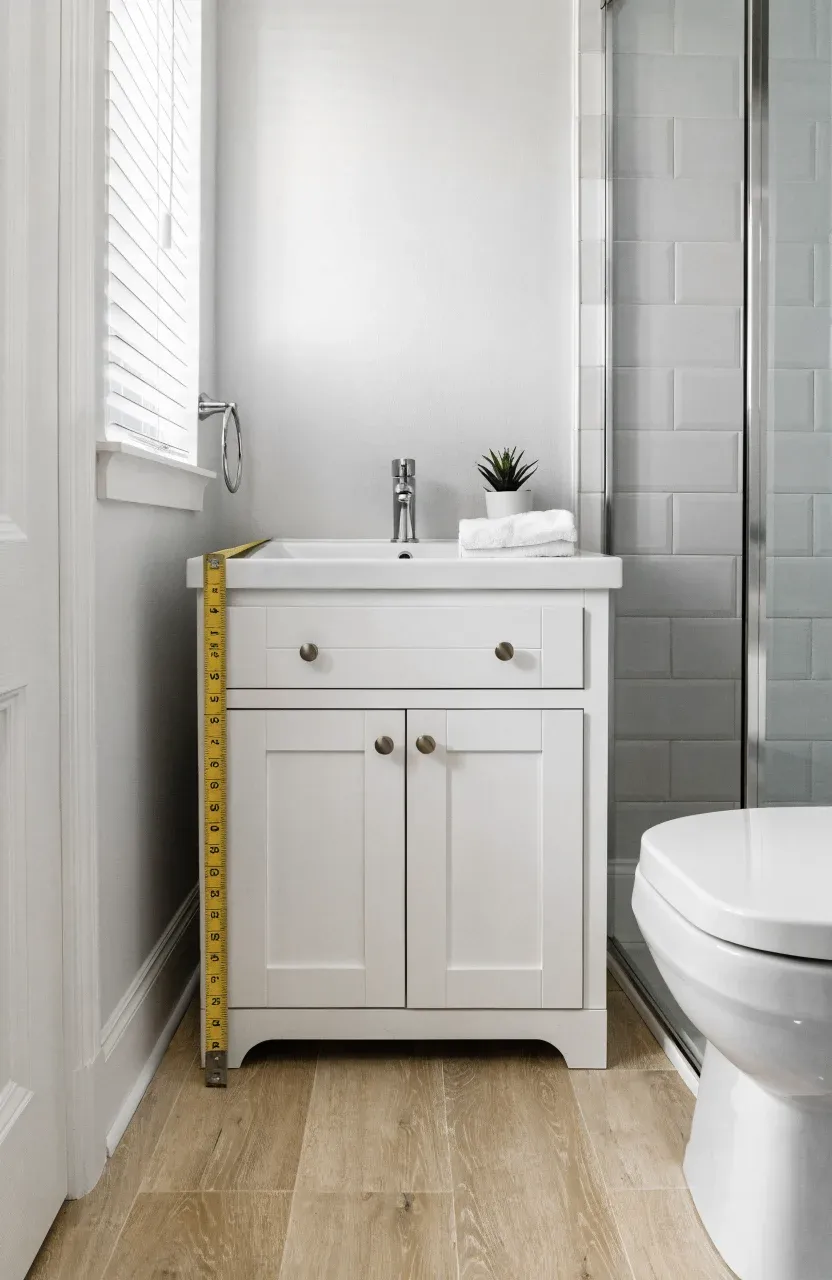 A white vanity in a small bathroom with a measuring tape showing clearance from the toilet.