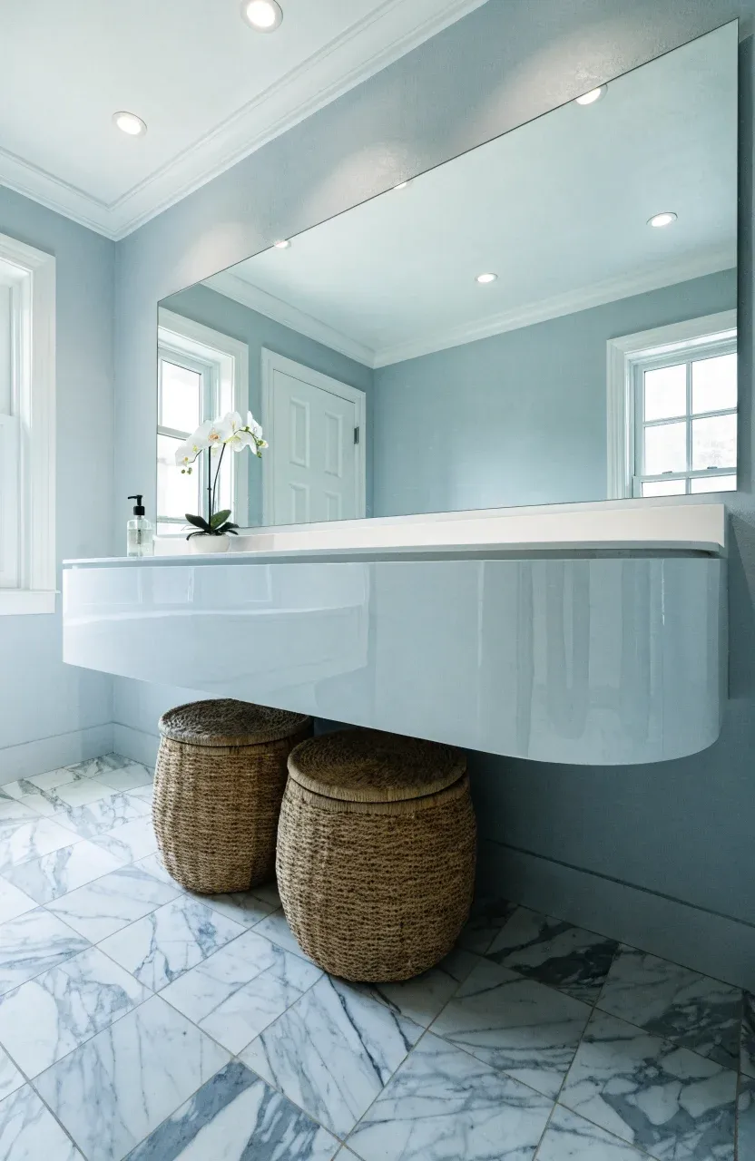 A modern floating white vanity with woven baskets underneath in a bright small bathroom.