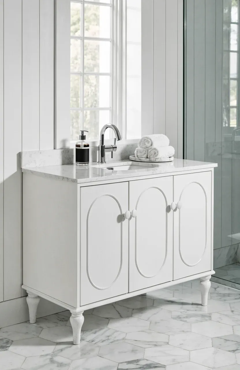 A durable white vanity with a quartz countertop and integrated sink in a bright bathroom.