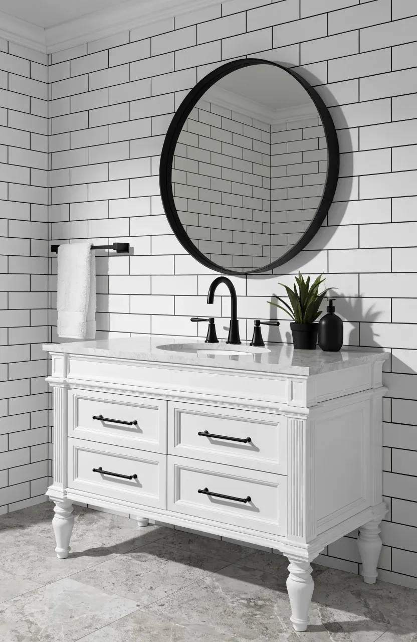 A white bathroom vanity featuring modern matte black handles and a matching black faucet.
