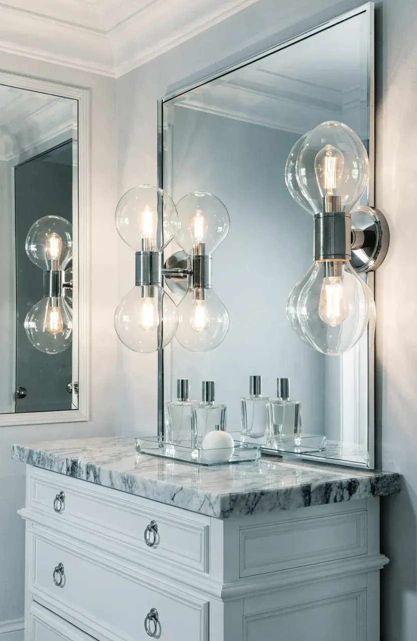 A white vanity with a large mirror and two side sconces providing bright, even light.