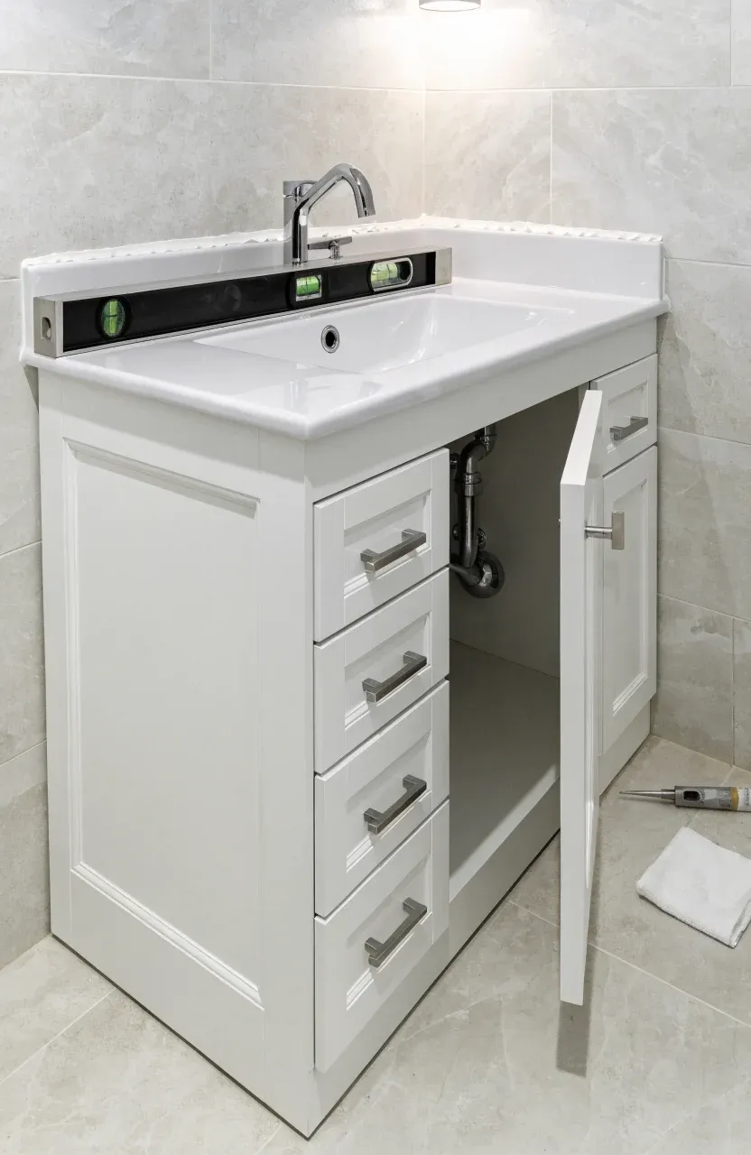 A perfectly installed and leveled white vanity with a fresh caulk seal against the wall.