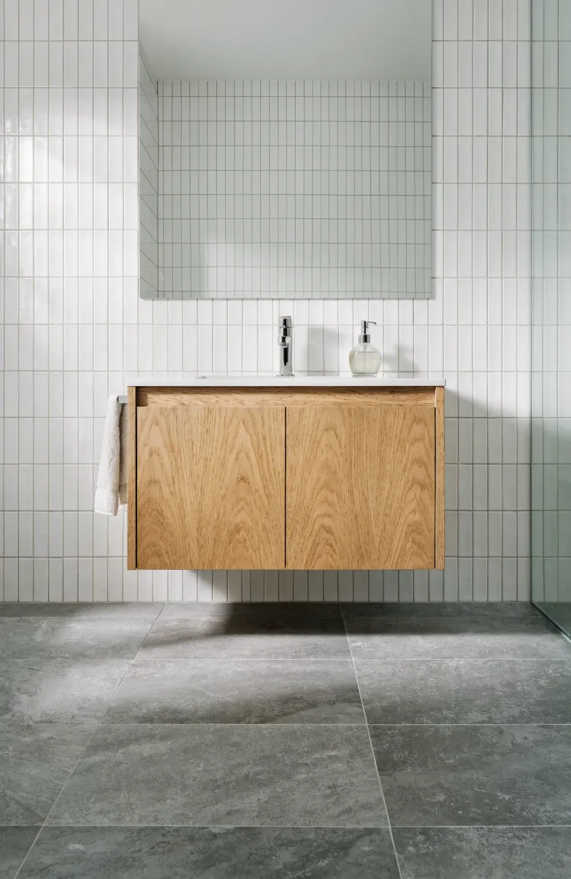 A modern light oak floating vanity mounted on a white tiled wall above a gray slate floor.