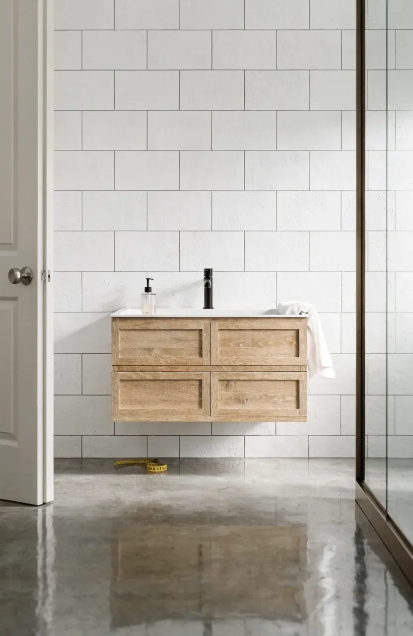 A 30-inch oak floating vanity centered on a white tiled wall in a spacious modern bathroom.