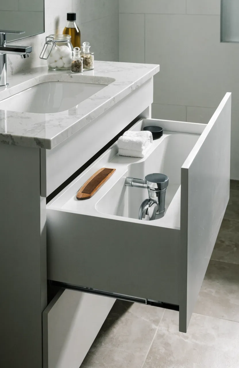 A white bathroom vanity with an open U-shaped drawer showing how it fits around the sink plumbing.