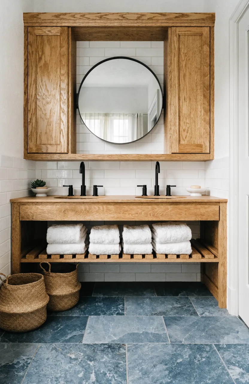 An oak bathroom vanity featuring closed cabinet doors and an open bottom shelf with stacked towels.