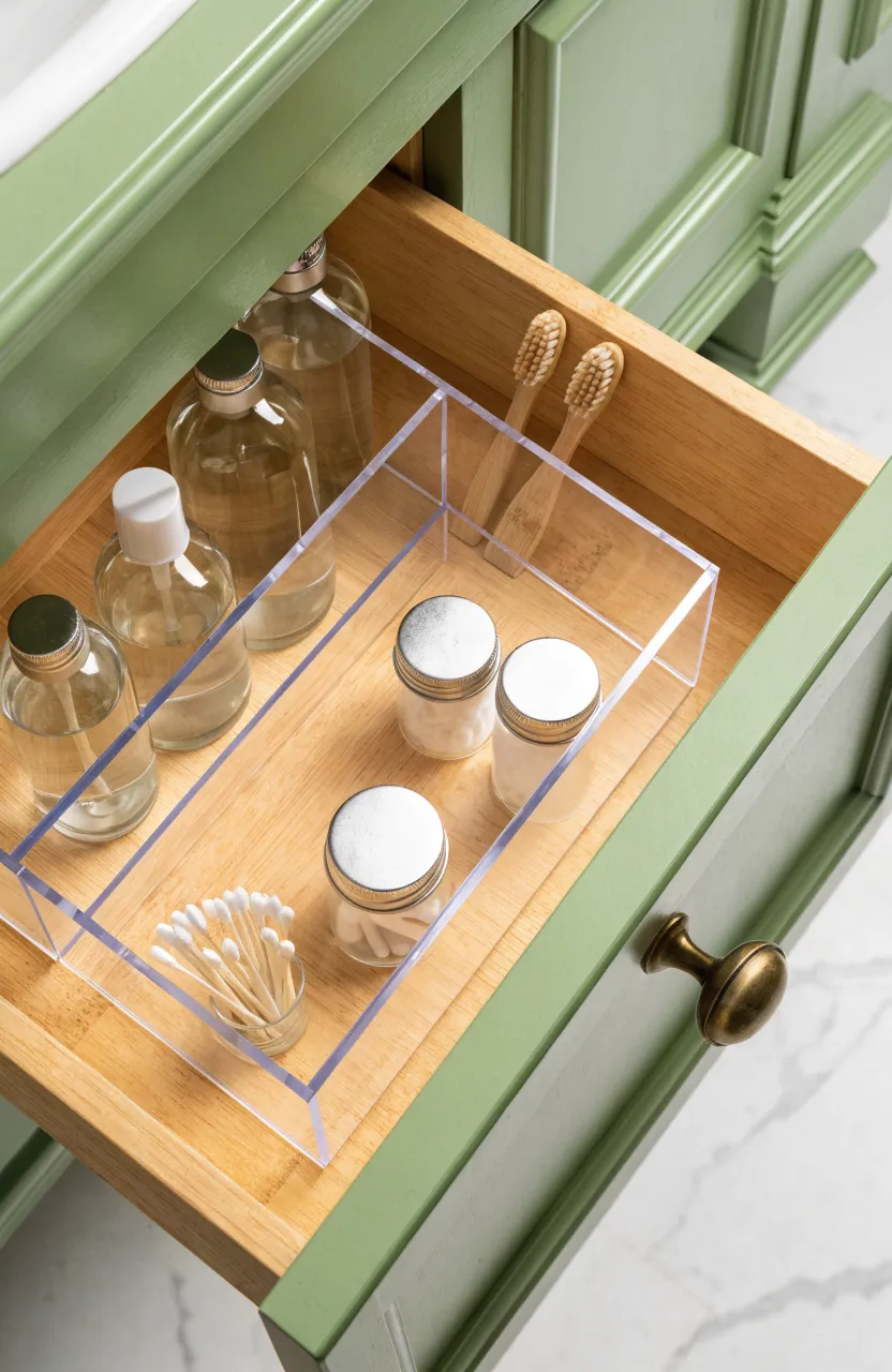An open bathroom drawer with a sliding top tray and clear dividers for organized storage.